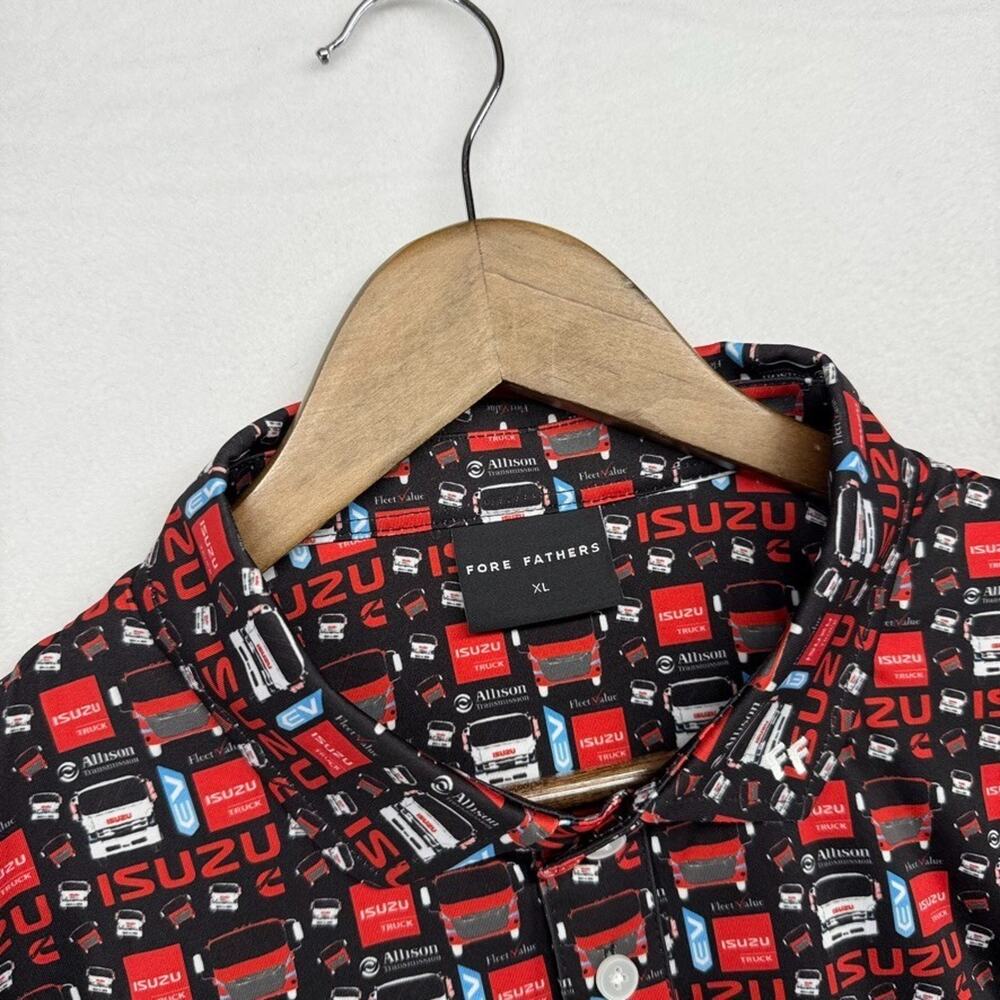 Fore Fathers Polo Shirt Men's XL Black Red Isuzu All over Golf Tech Geometric